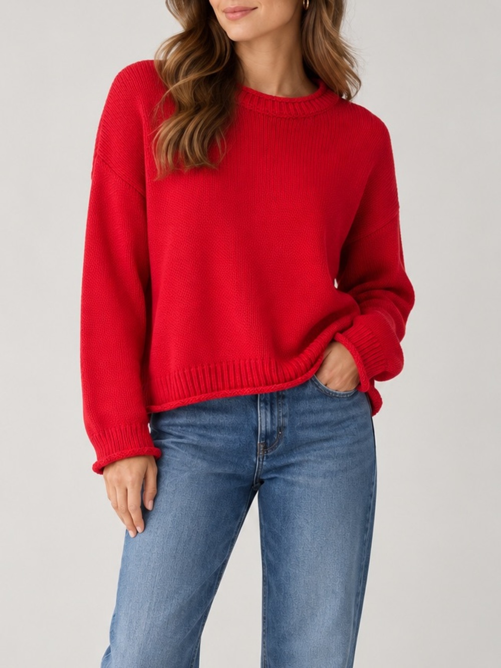 Zenana Tomato Red Cotton Sweater Oversized Drop Shoulder Rolled Hem Crewneck